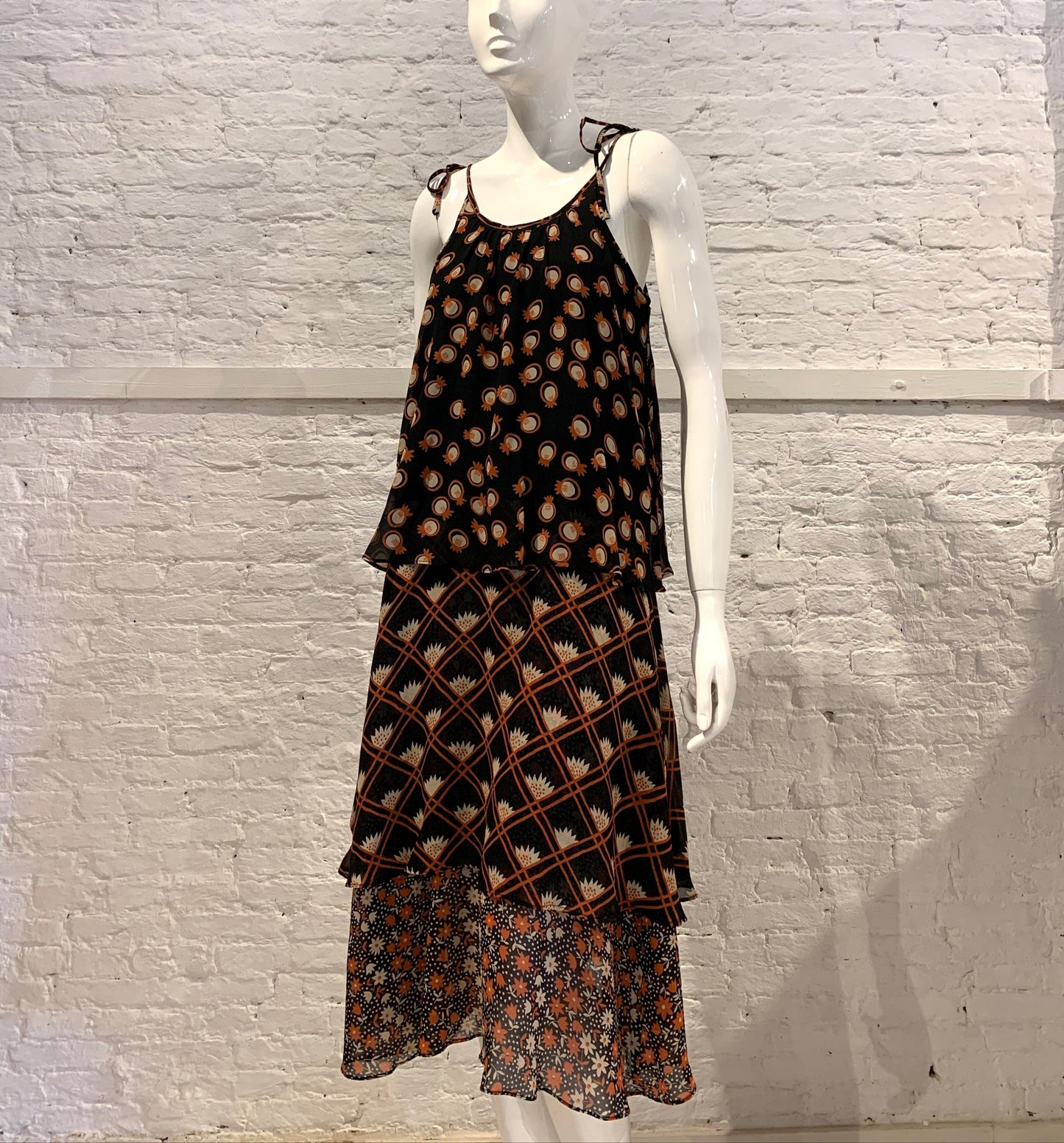 Rare Vintage 1970s Ossie Clark For Radley, Celia Birtwell Print Deco Layered Three Tiers Dress