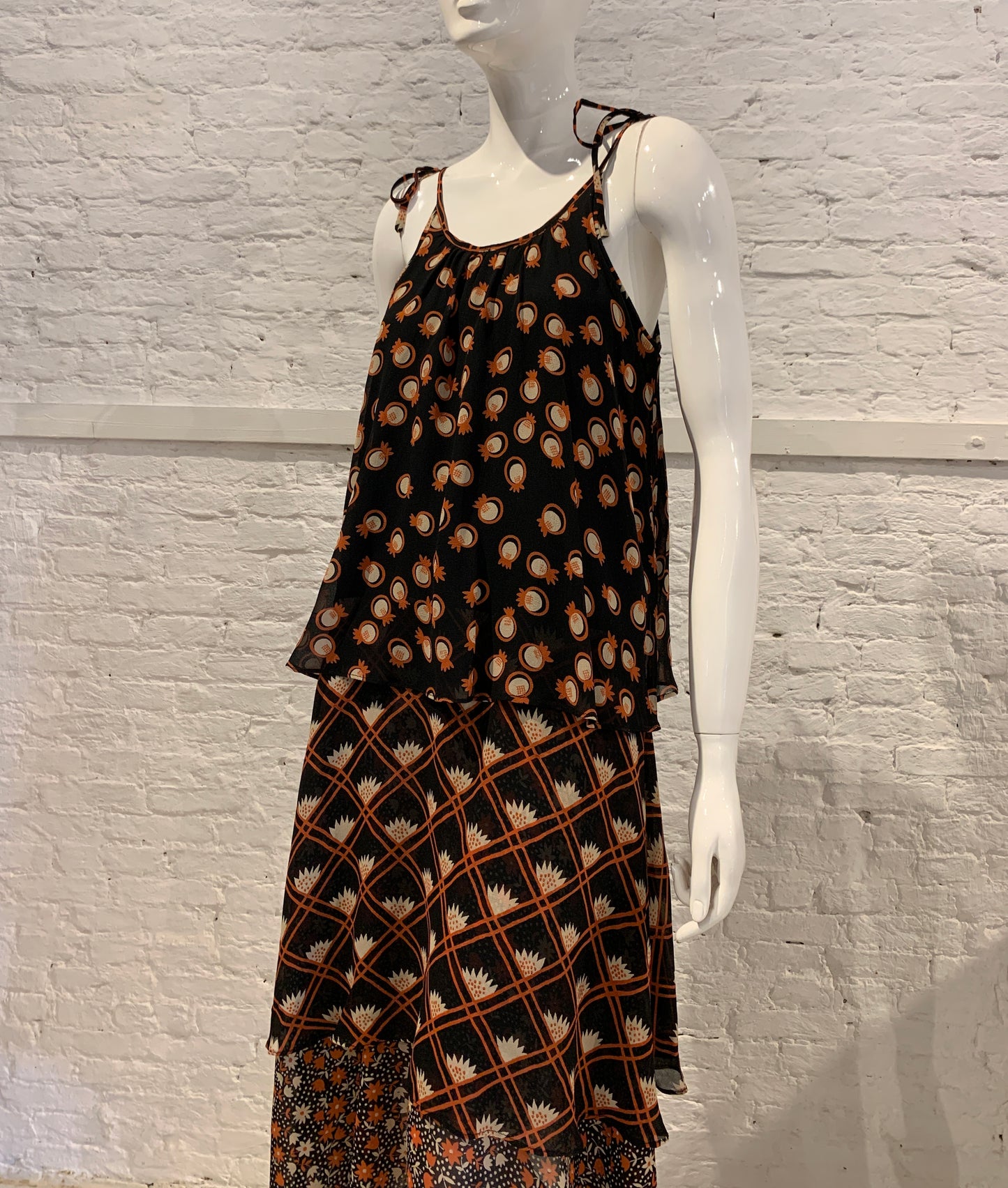 Rare Vintage 1970s Ossie Clark For Radley, Celia Birtwell Print Deco Layered Three Tiers Dress
