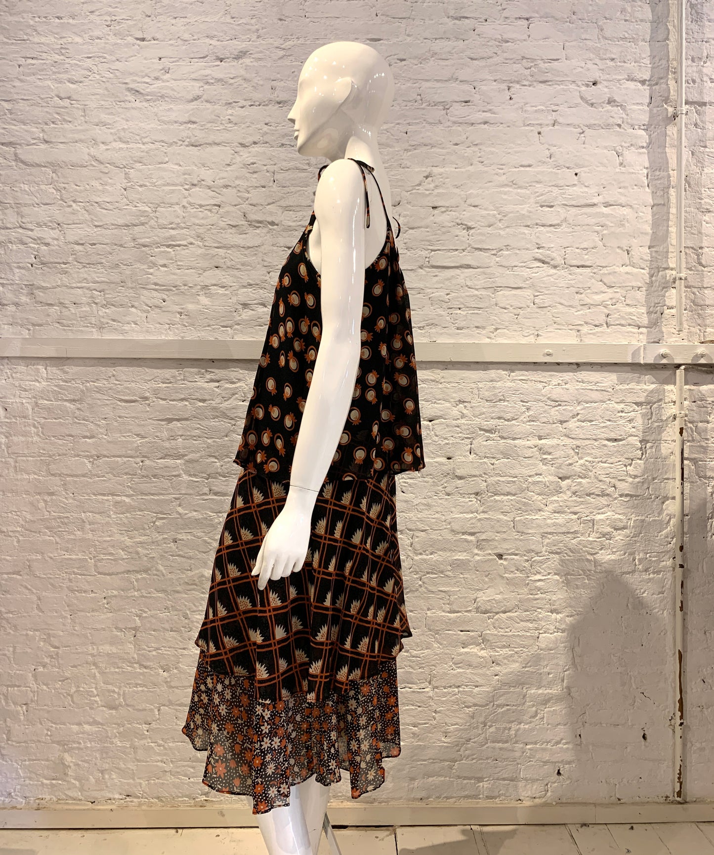 Rare Vintage 1970s Ossie Clark For Radley, Celia Birtwell Print Deco Layered Three Tiers Dress
