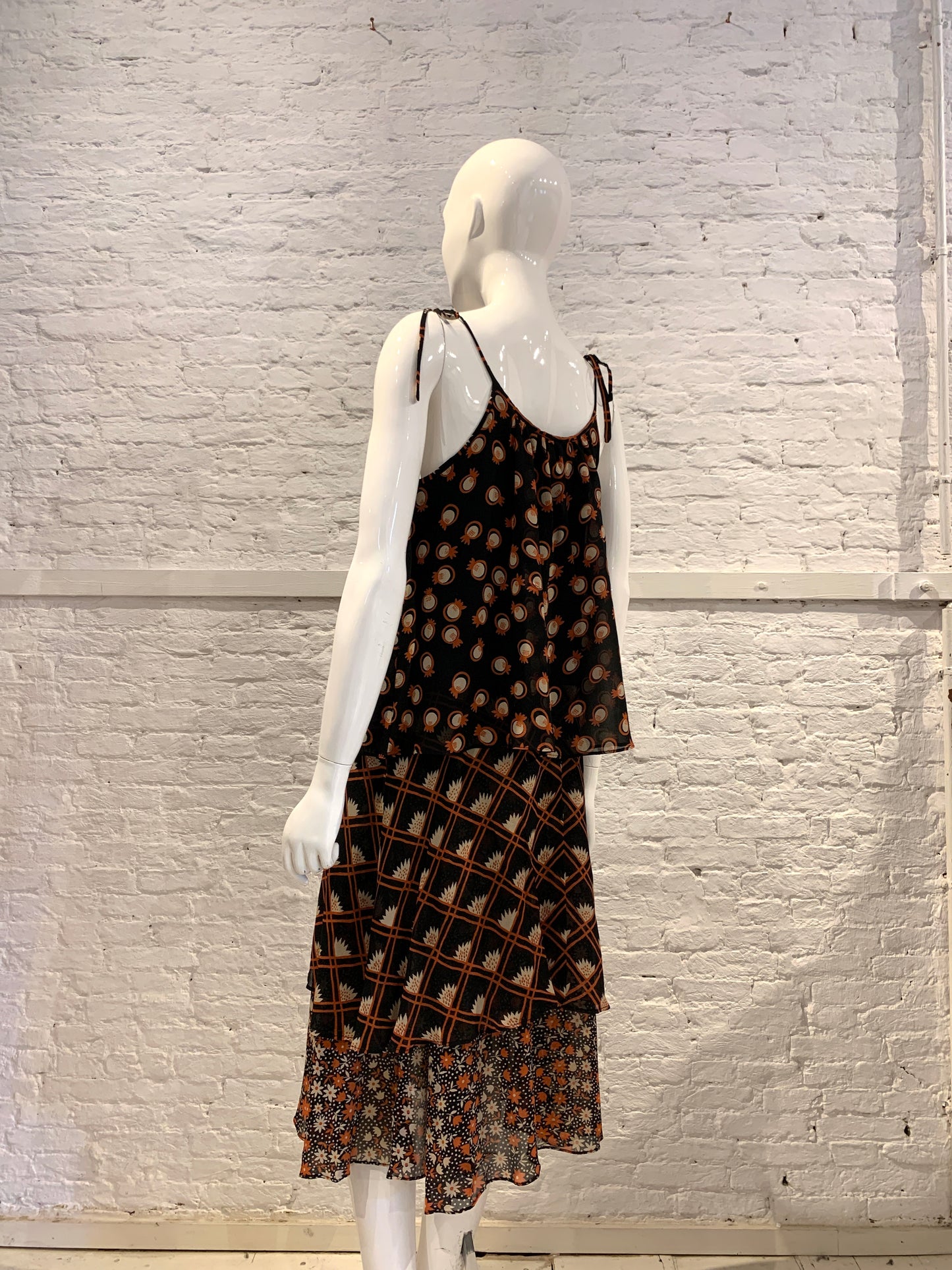 Rare Vintage 1970s Ossie Clark For Radley, Celia Birtwell Print Deco Layered Three Tiers Dress