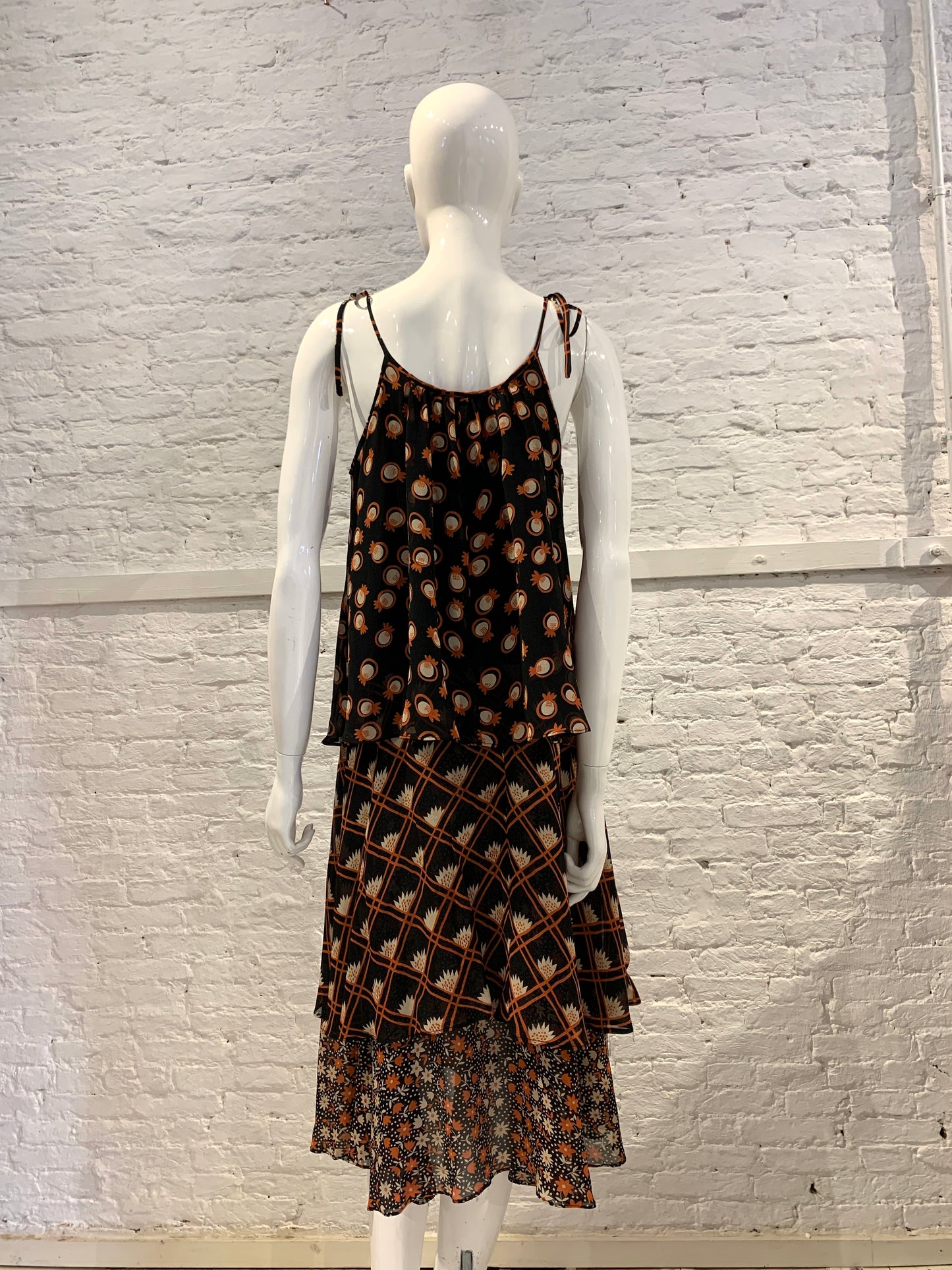 Rare Vintage 1970s Ossie Clark For Radley, Celia Birtwell Print Deco Layered Three Tiers Dress