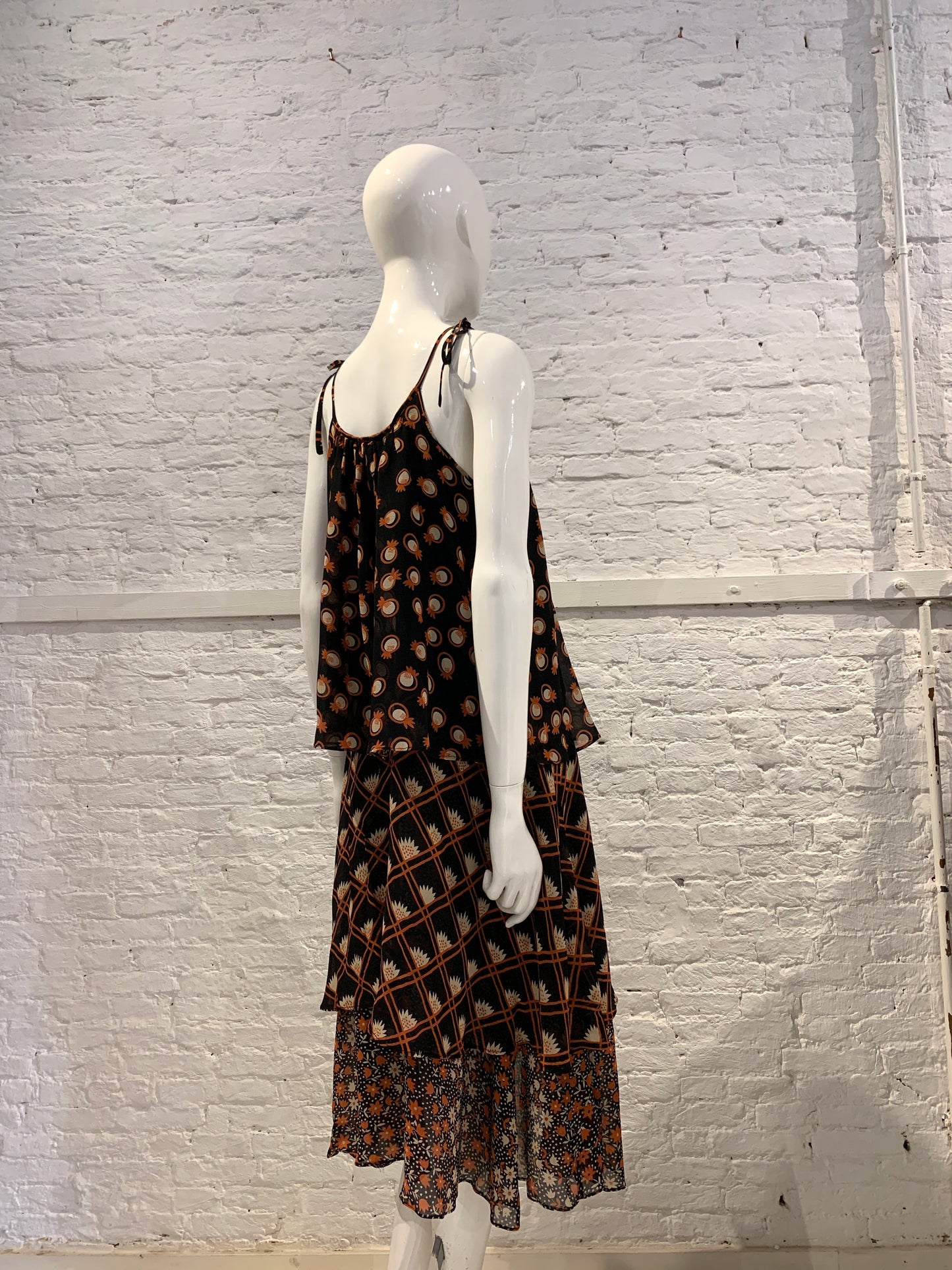 Rare Vintage 1970s Ossie Clark For Radley, Celia Birtwell Print Deco Layered Three Tiers Dress