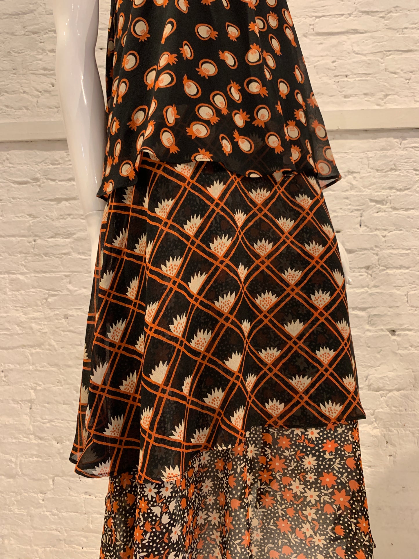 Rare Vintage 1970s Ossie Clark For Radley, Celia Birtwell Print Deco Layered Three Tiers Dress