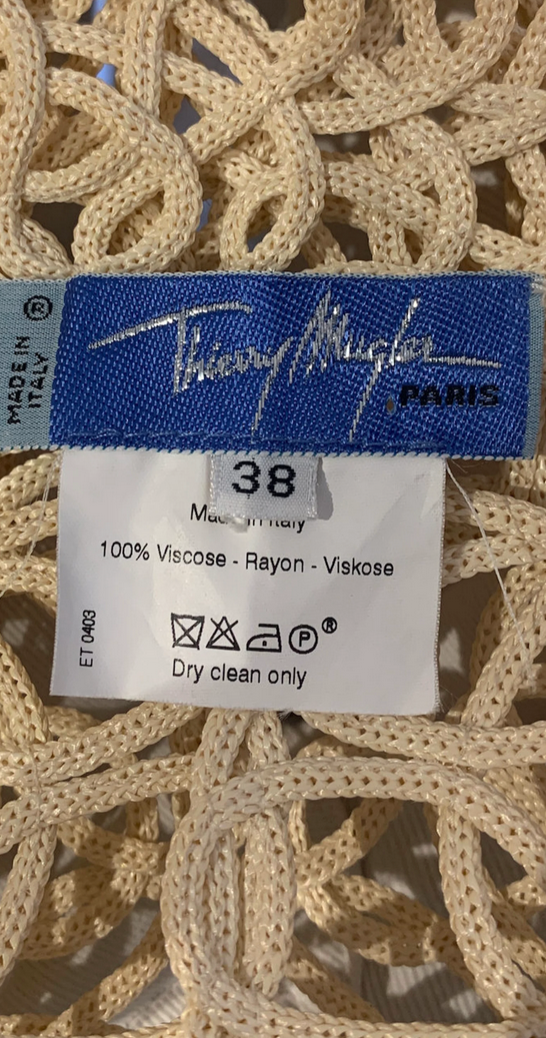 1980s /90s Thierry Mugler Paris Sculpted Cream Macrame Sculptured Rayon Jacket