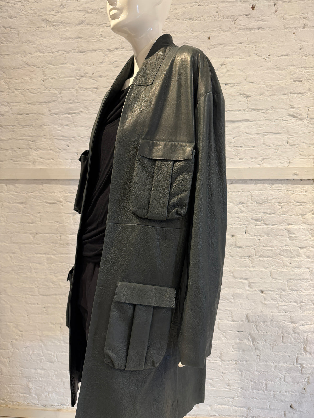 Haider Ackermann Multi-Pocket Utility Cargo Arched Collar  Leather Coat - Brand New NWT