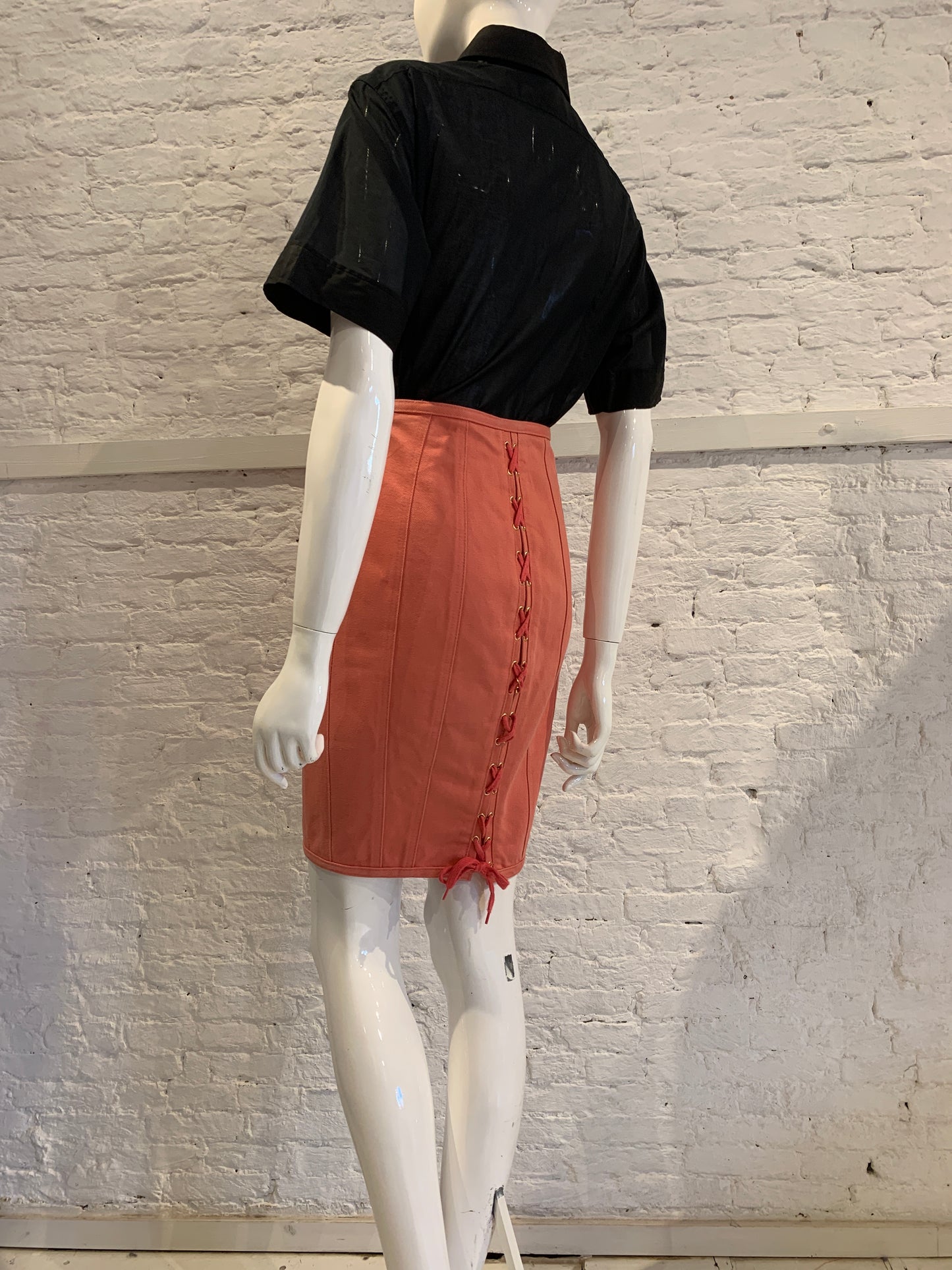 Vintage Jean Paul Gaultier Junior 1989 Pink Denim Lace Up Pencile Skirt
