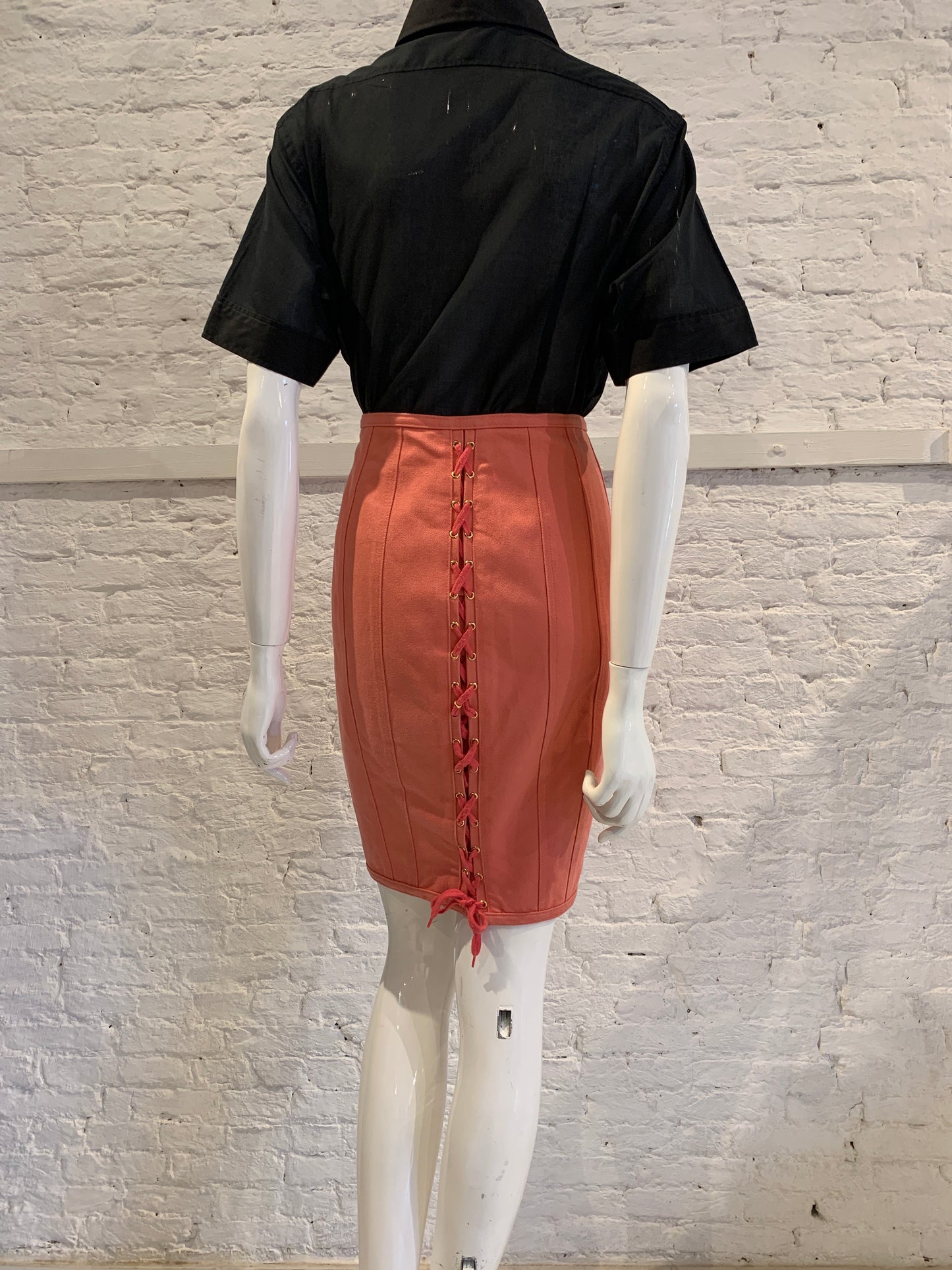 Vintage Jean Paul Gaultier Junior 1989 Pink Denim Lace Up Pencile Skirt