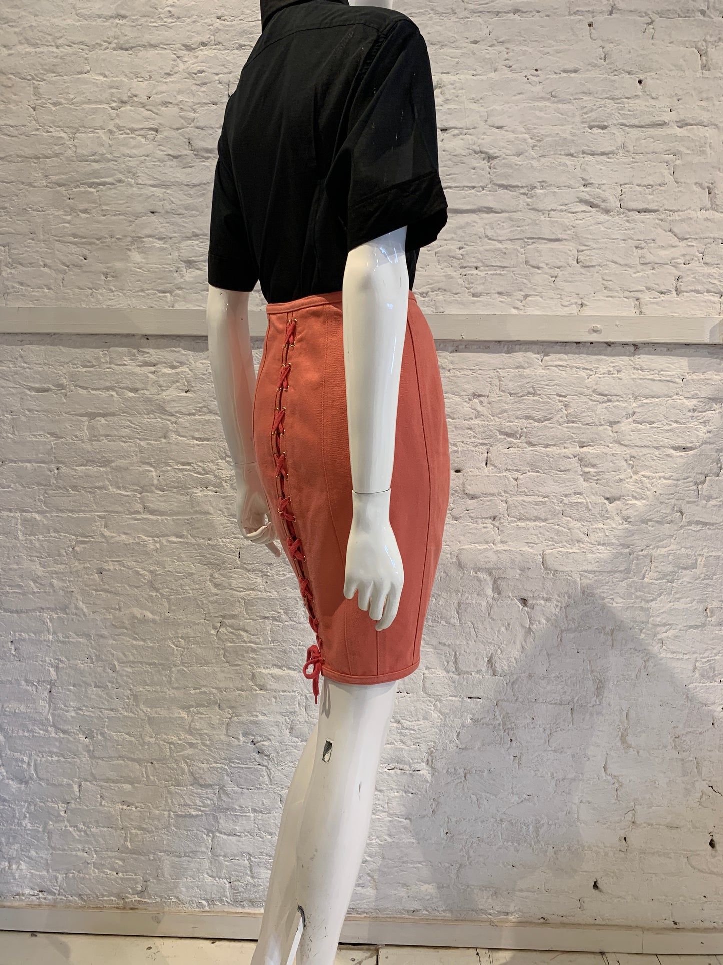 Vintage Jean Paul Gaultier Junior 1989 Pink Denim Lace Up Pencile Skirt