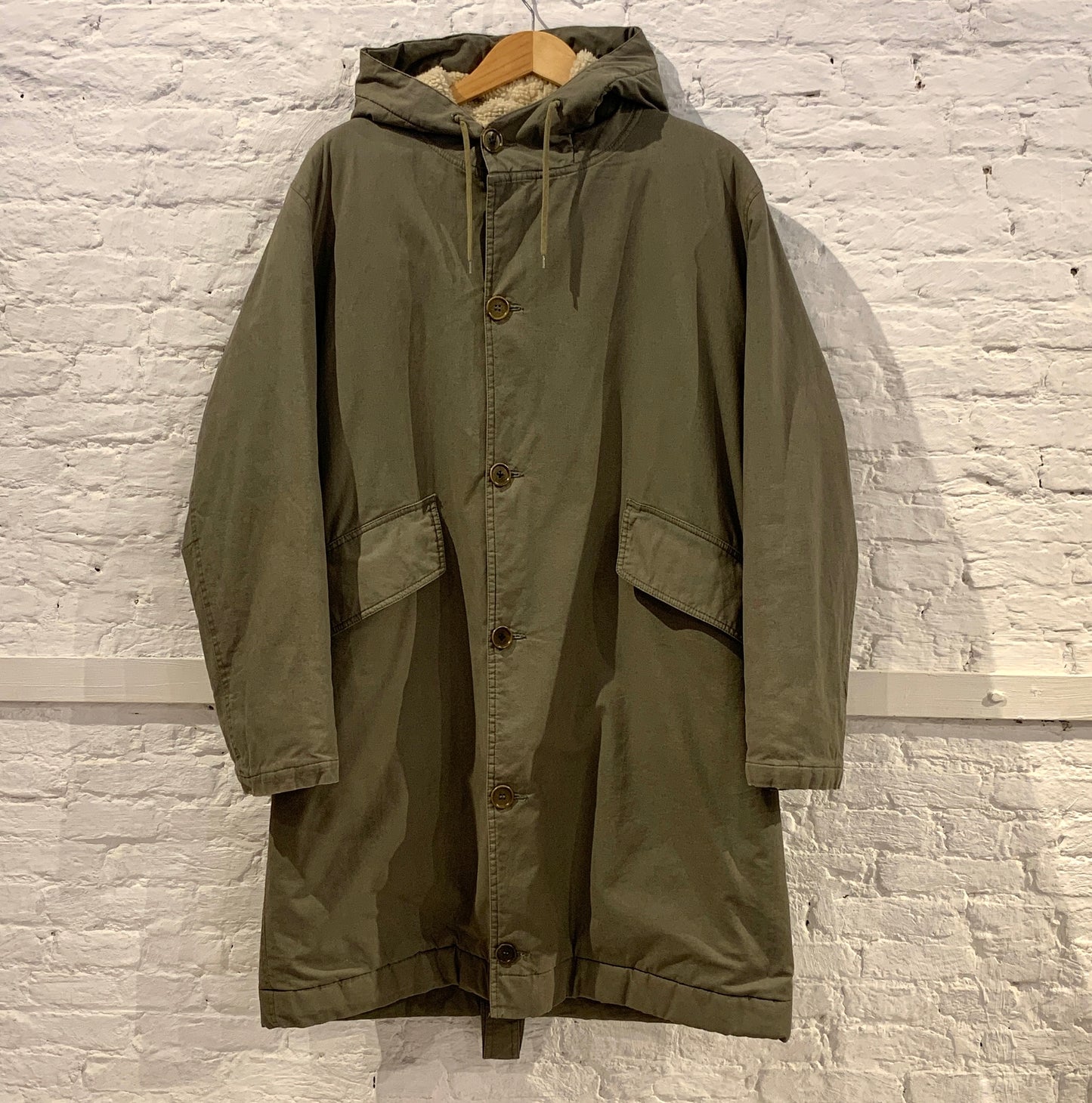 Vintage Helmut Lang 1998 Army Olive Green Cotton Sherpa Lined Hooded Parka