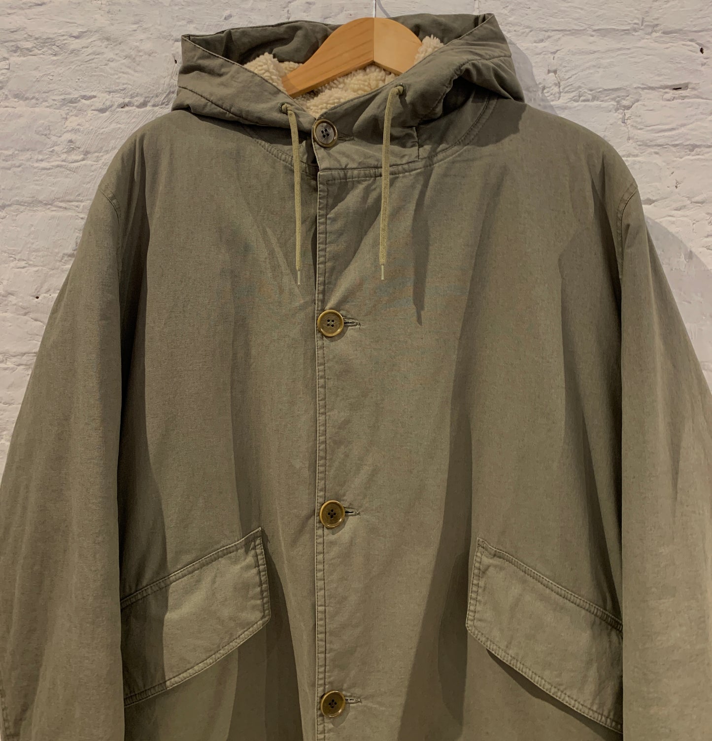 Vintage Helmut Lang 1998 Army Olive Green Cotton Sherpa Lined Hooded Parka