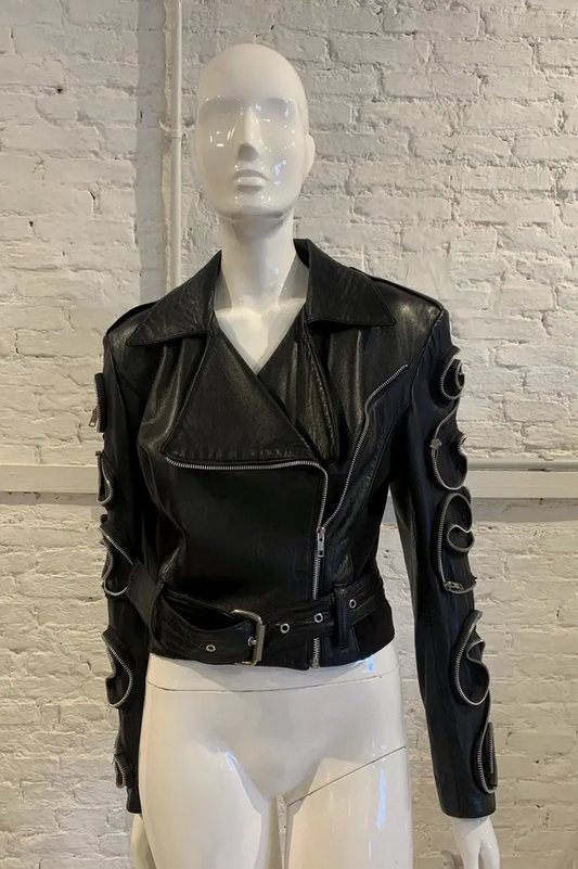 Vintage 1980s/90s Helen Storey Women's Black Leather Biker Zip Jacket