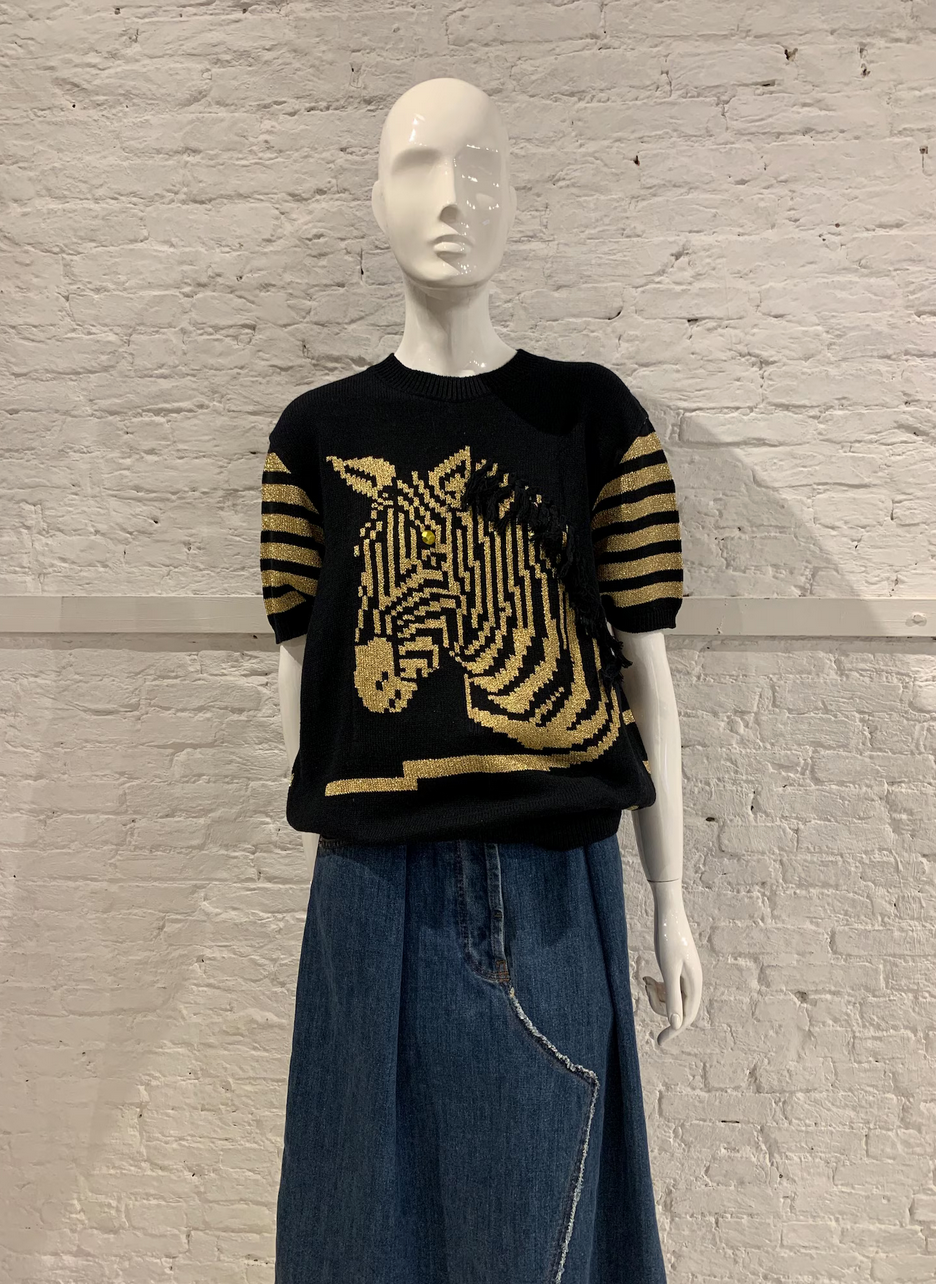 Rare Vintage 1970s Kansai Yamomoto  Zebra, Black and Gold Lurex Striped Knit Pullover