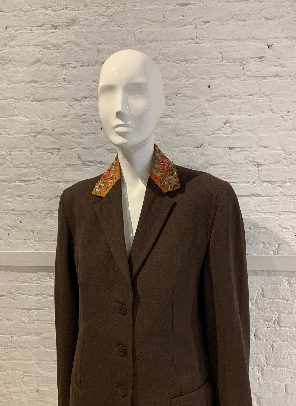 Vintage 1980s/90s Romeo Gigli for Callaghan Brown Wool Jacket, Silk Embroidered collar