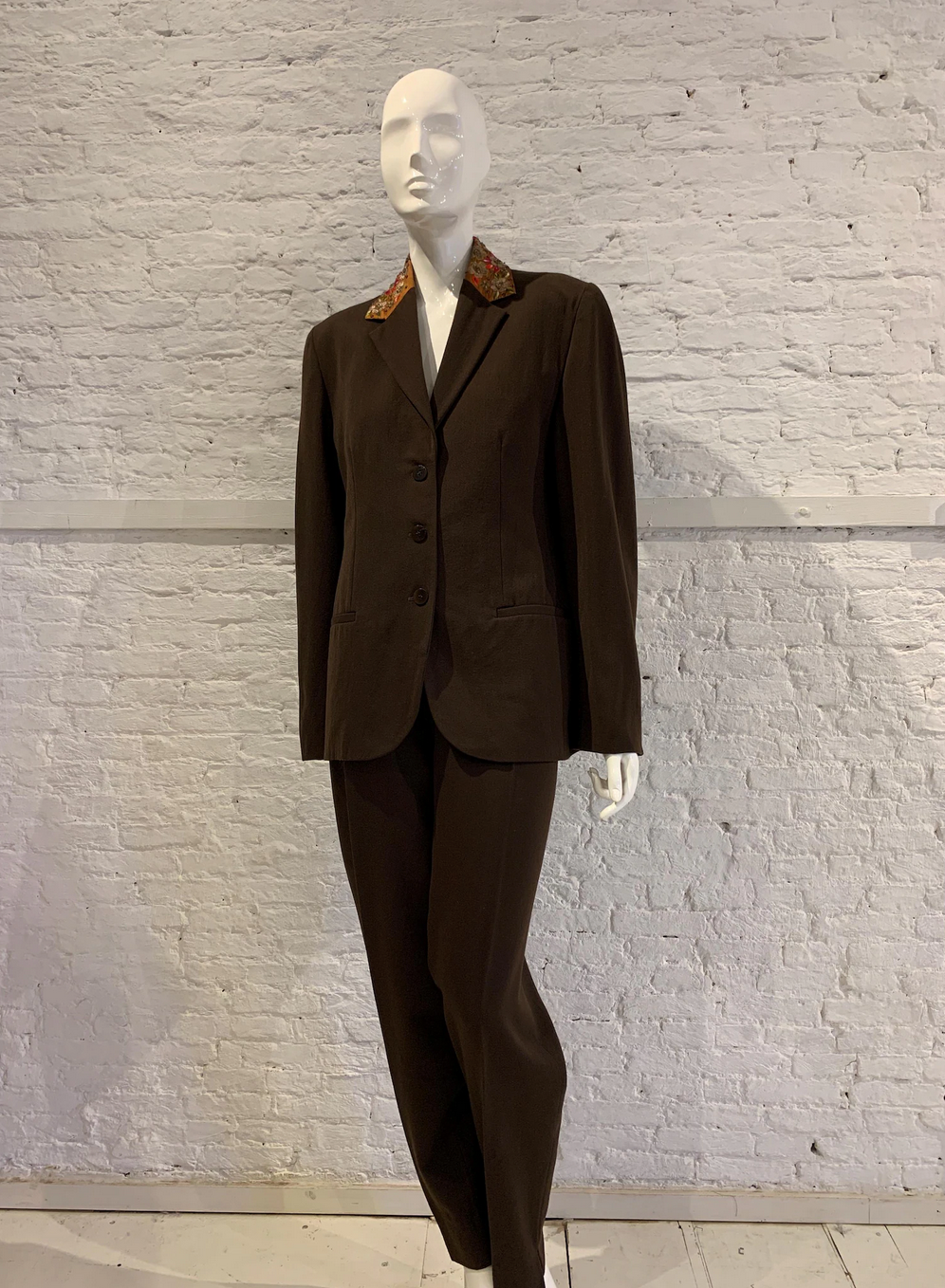 Vintage 1980s/90s Romeo Gigli for Callaghan Brown Wool Jacket, Silk Embroidered collar