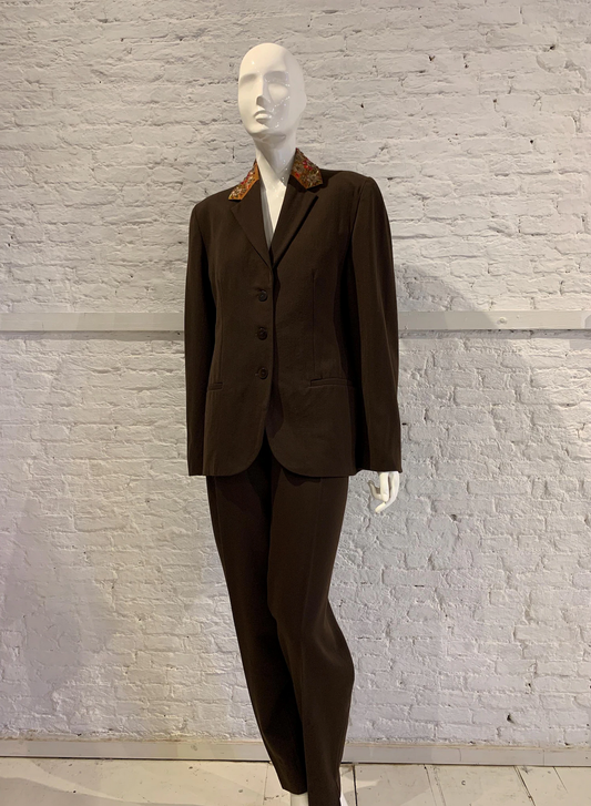 Vintage 1980s/90s Romeo Gigli for Callaghan Brown Wool Jacket, Silk Embroidered collar