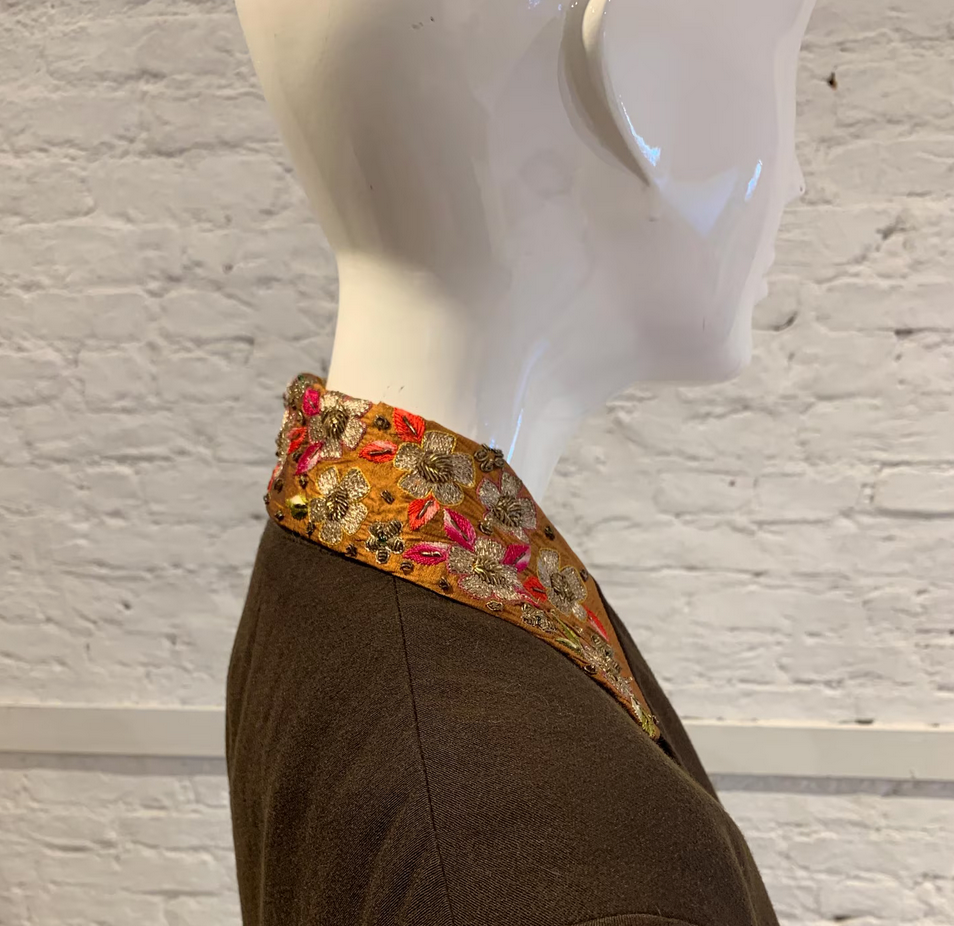 Vintage 1980s/90s Romeo Gigli for Callaghan Brown Wool Jacket, Silk Embroidered collar