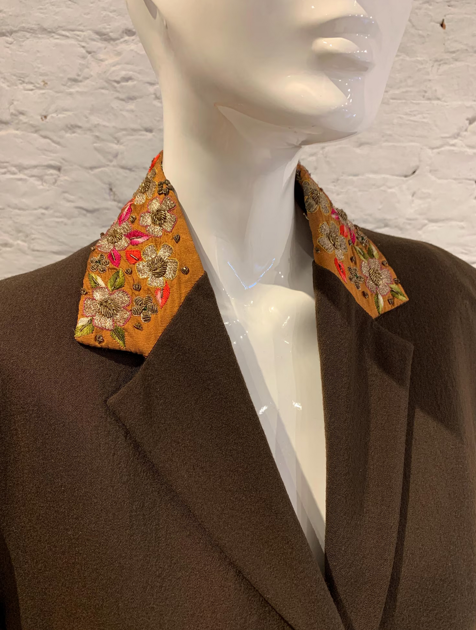 Vintage 1980s/90s Romeo Gigli for Callaghan Brown Wool Jacket, Silk Embroidered collar