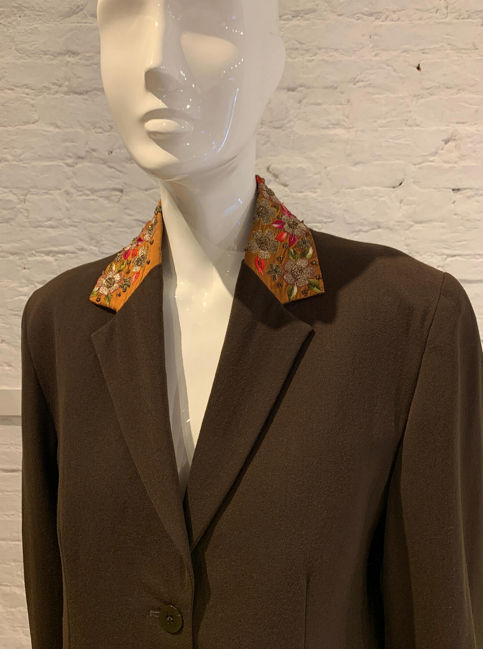 Vintage 1980s/90s Romeo Gigli for Callaghan Brown Wool Jacket, Silk Embroidered collar