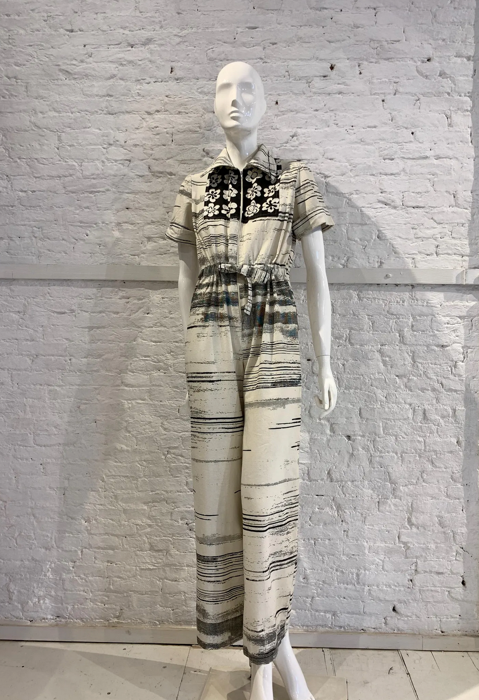 RARE Vintage 1970s Folklore Rikma Cotton Floral Striped Print Monochrome Flared Jumpsuit
