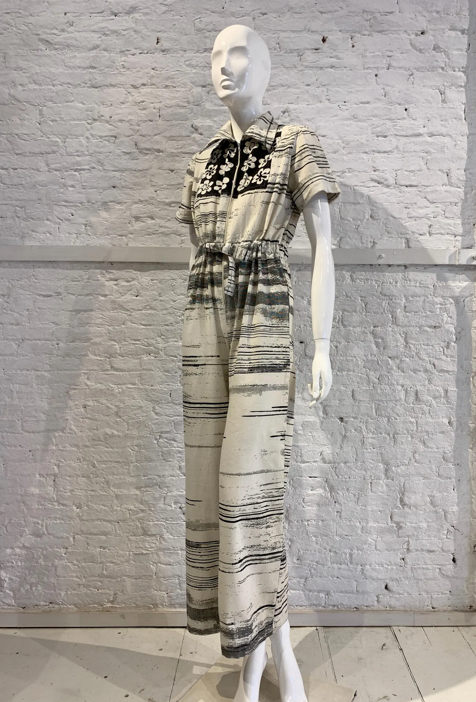 RARE Vintage 1970s Folklore Rikma Cotton Floral Striped Print Monochrome Flared Jumpsuit