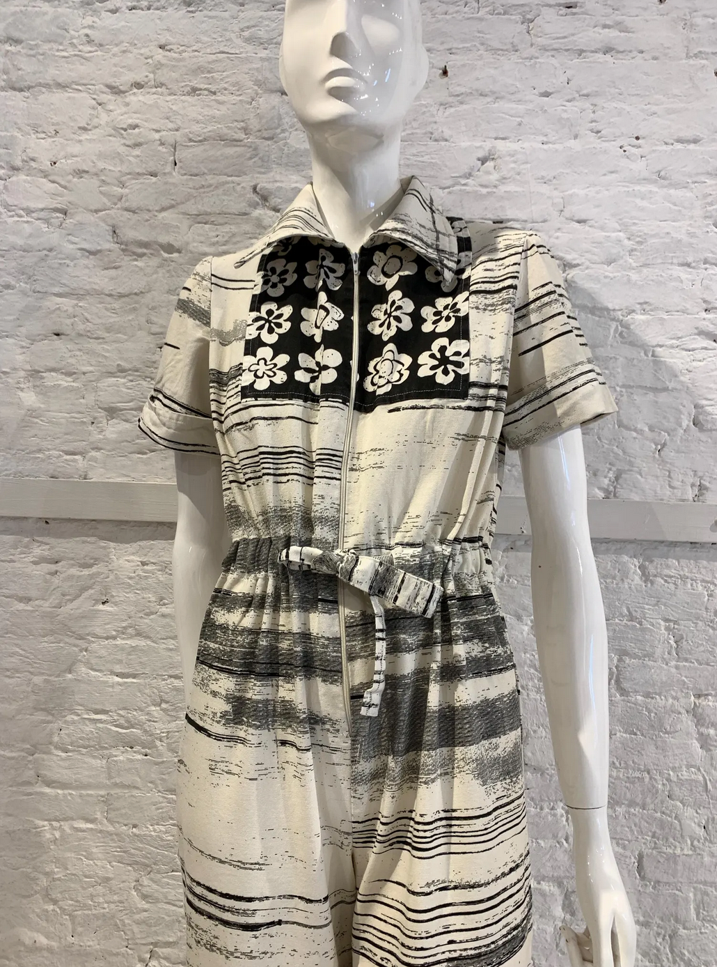 RARE Vintage 1970s Folklore Rikma Cotton Floral Striped Print Monochrome Flared Jumpsuit