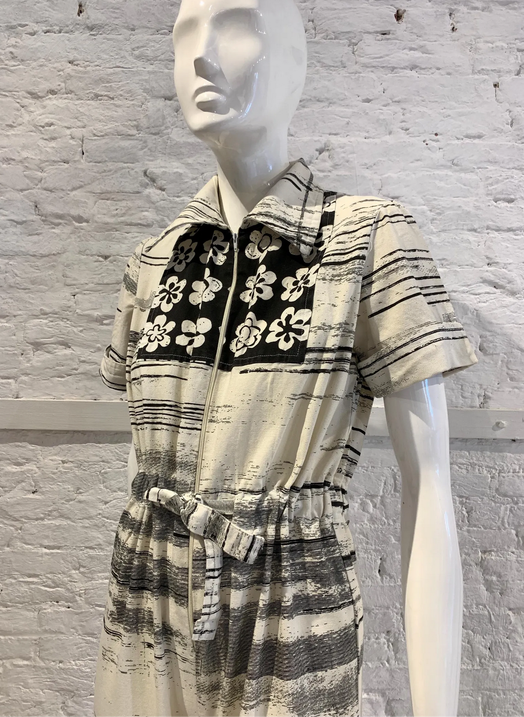 RARE Vintage 1970s Folklore Rikma Cotton Floral Striped Print Monochrome Flared Jumpsuit
