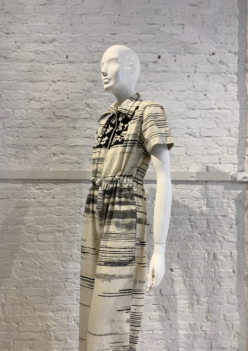 RARE Vintage 1970s Folklore Rikma Cotton Floral Striped Print Monochrome Flared Jumpsuit