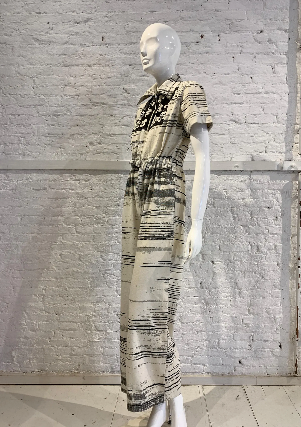 RARE Vintage 1970s Folklore Rikma Cotton Floral Striped Print Monochrome Flared Jumpsuit