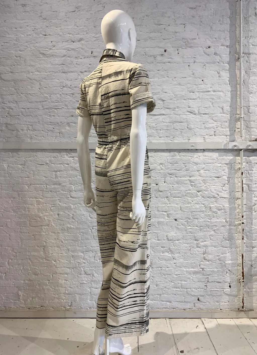 RARE Vintage 1970s Folklore Rikma Cotton Floral Striped Print Monochrome Flared Jumpsuit